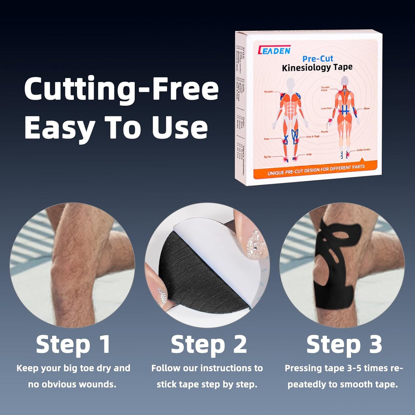 IEADEN Precut Kinesiology Tape for Knees, 10 Pcs - Knee Support & Stability, Knee Pain Relief Athletic Tape - Waterproof & Elastic, Breathable Hypoallergenic Latex-Free Tape, Black