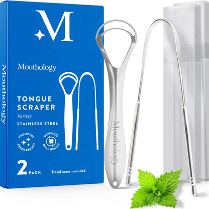 Mouthology Tongue Scraper for Adults (2 Pack), Reduce Bad Breath, Metal Tongue Scraper, Tongue Cleaner, Tongue Scraper, Stainless Steel Tongue Scraper, Tongue Cleaner for Adults, Tongue Scrubber