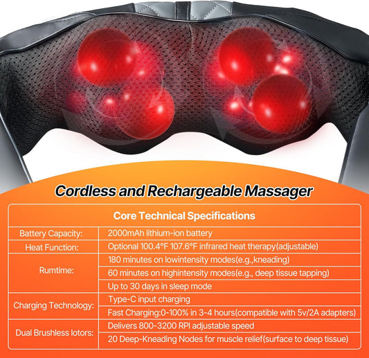 Neck Shoulder Massager with Heat - Cordless Back and Neck Massage Pain Relief Deep 5D Tissue Shiatsu Kneading Massager for Shoulder Back Leg Gifts for Mom Dad Men Women Her Him